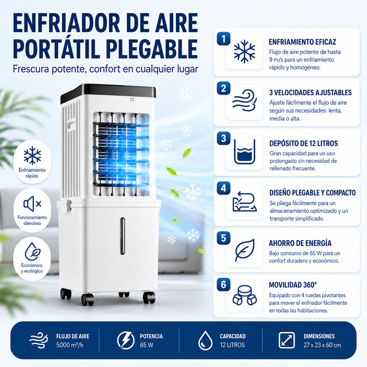 Enfriador de aire plegable 12L para fácil transporte y almacenamiento. Ideal para verano móvil.