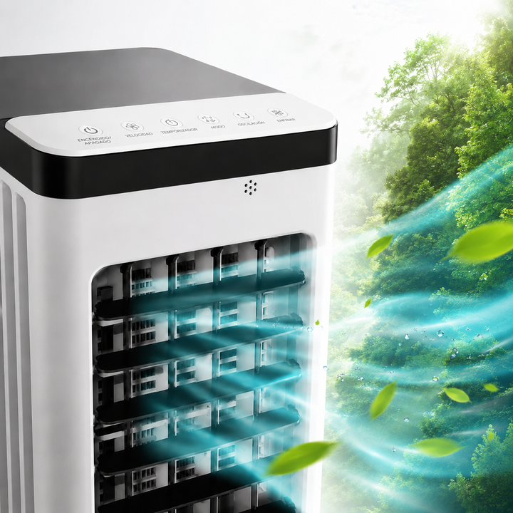 Enfriador de aire 12L para refrigeración efectiva. Solución portátil y recargable contra el calor.