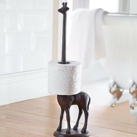 Soporte de papel higiénico independiente de hierro fundido con diseño de jirafa, ideal para decoración de baño.