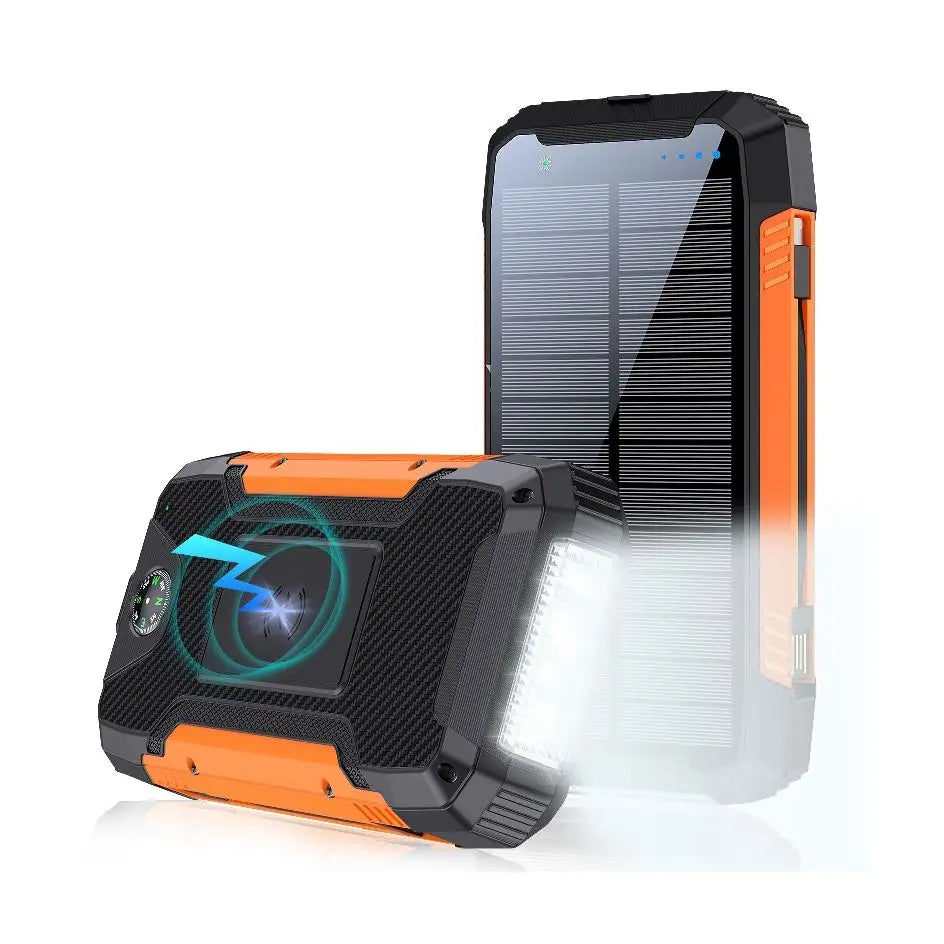 Banco de energía solar portátil 30000mAh. Cargador impermeable IPX5 para aventura.
