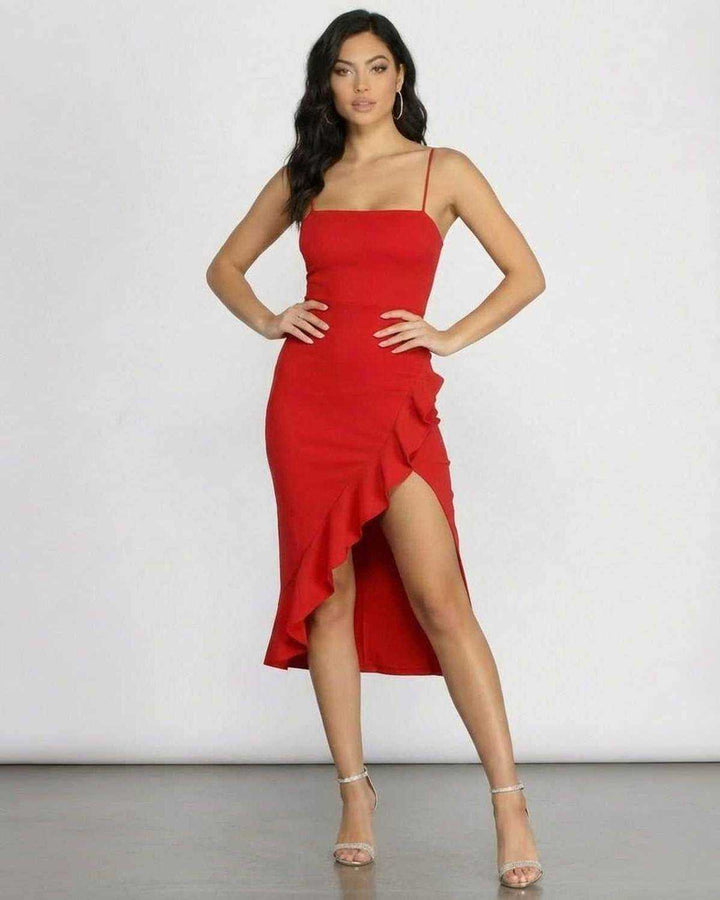 Vestido midi blanco Flamora, estilo casual elegante, con volantes y escote cuadrado, ideal para mujer en verano.