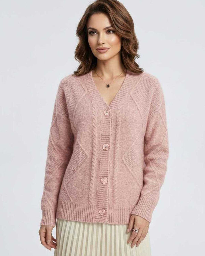 Cárdigan de mujer blanco Fleur, diseño geométrico. Prenda elegante y cálida, ideal para otoño/invierno.