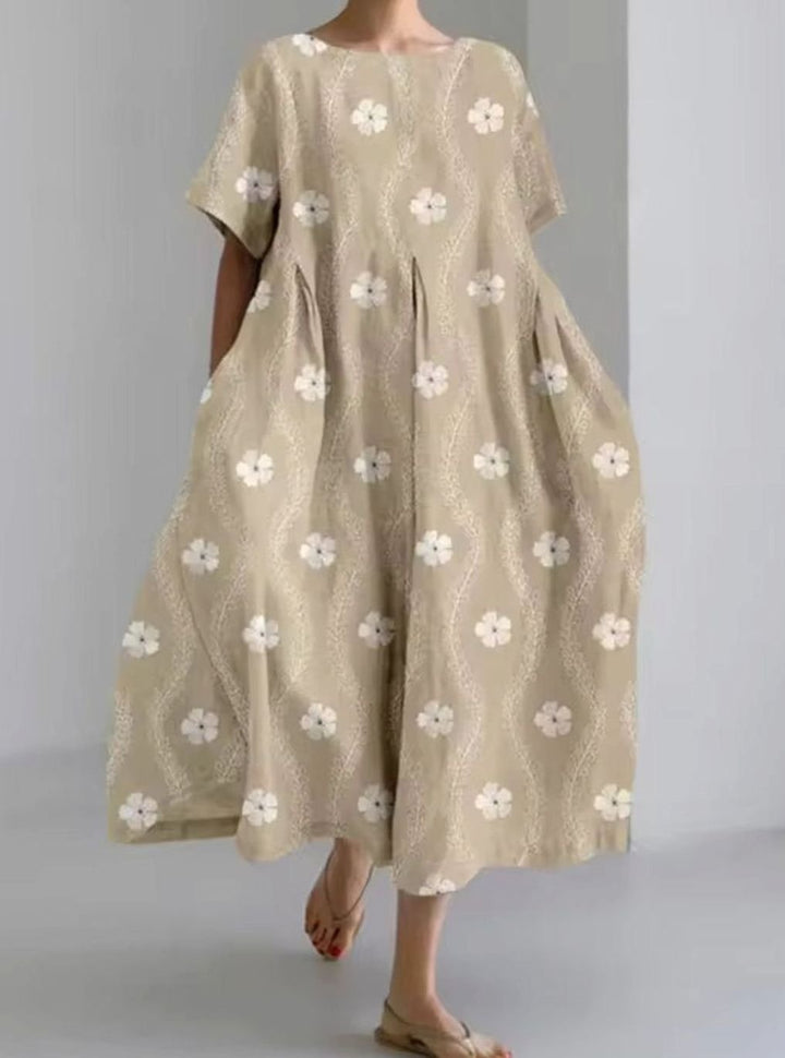 Vestido largo casual y elegante para mujer. Apliques florales delicados, cuello redondo, muy versátil y chic.