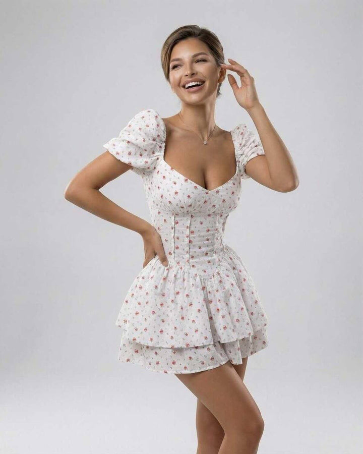 Atractivo vestido mini floral para mujer con escote V y manga abullonada. Ideal para el día a día o eventos.