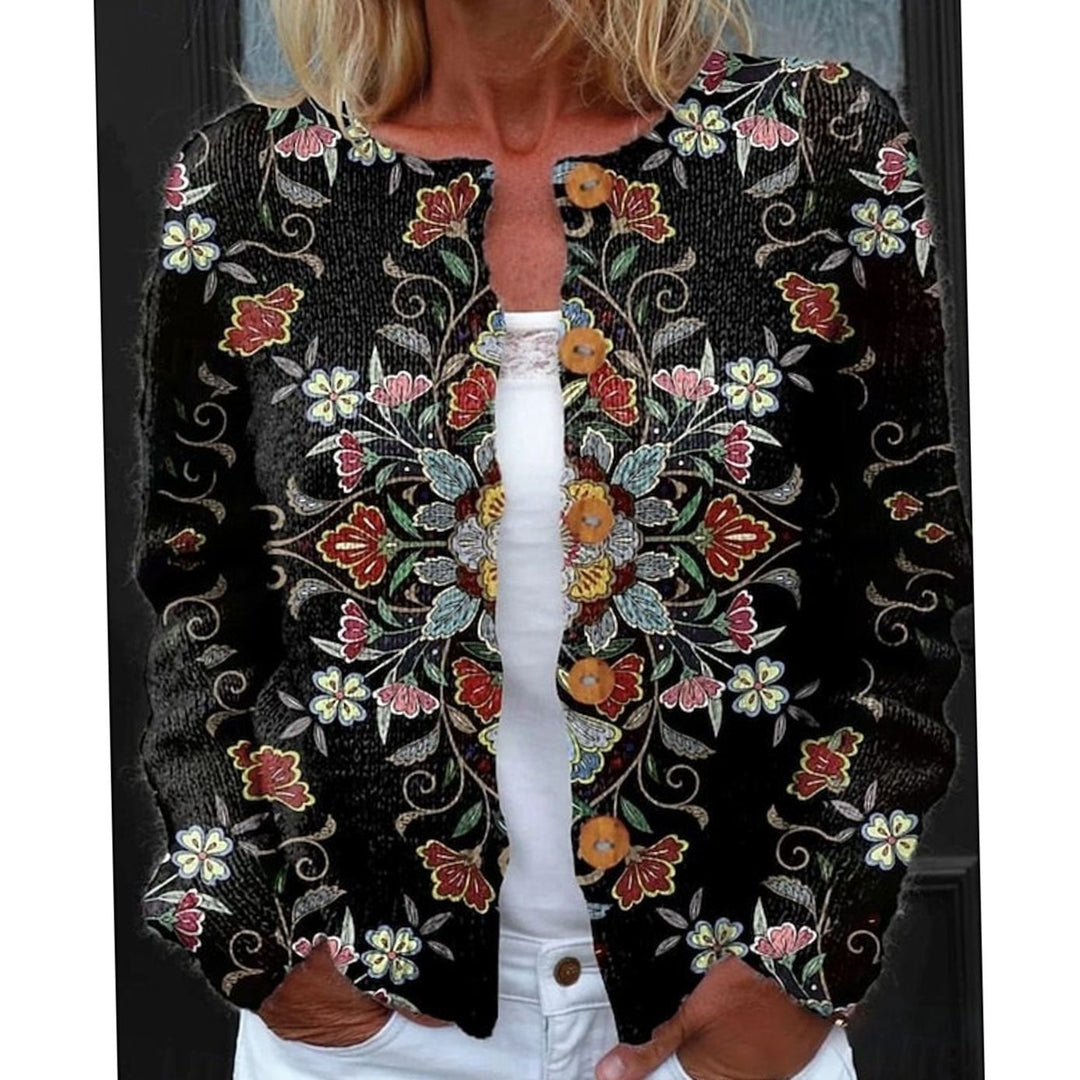 Cárdigan floral de punto para mujer con botones, manga larga y diseño elegante en tonos verde y negro.