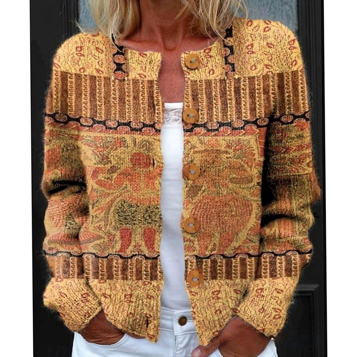 Elegante cárdigan floral de punto para mujer con botones. Prenda de manga larga con patrón vibrante.