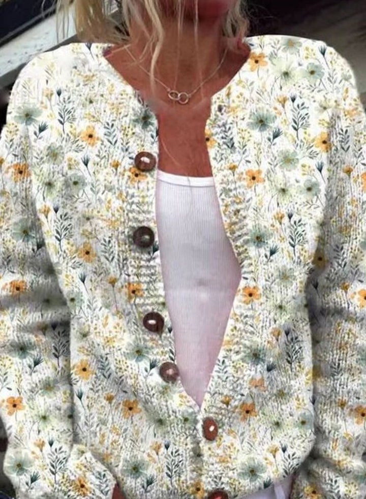 Cárdigan ligero floral de manga larga para mujer, con botones y diseño cómodo. Perfecto para moda femenina casual.