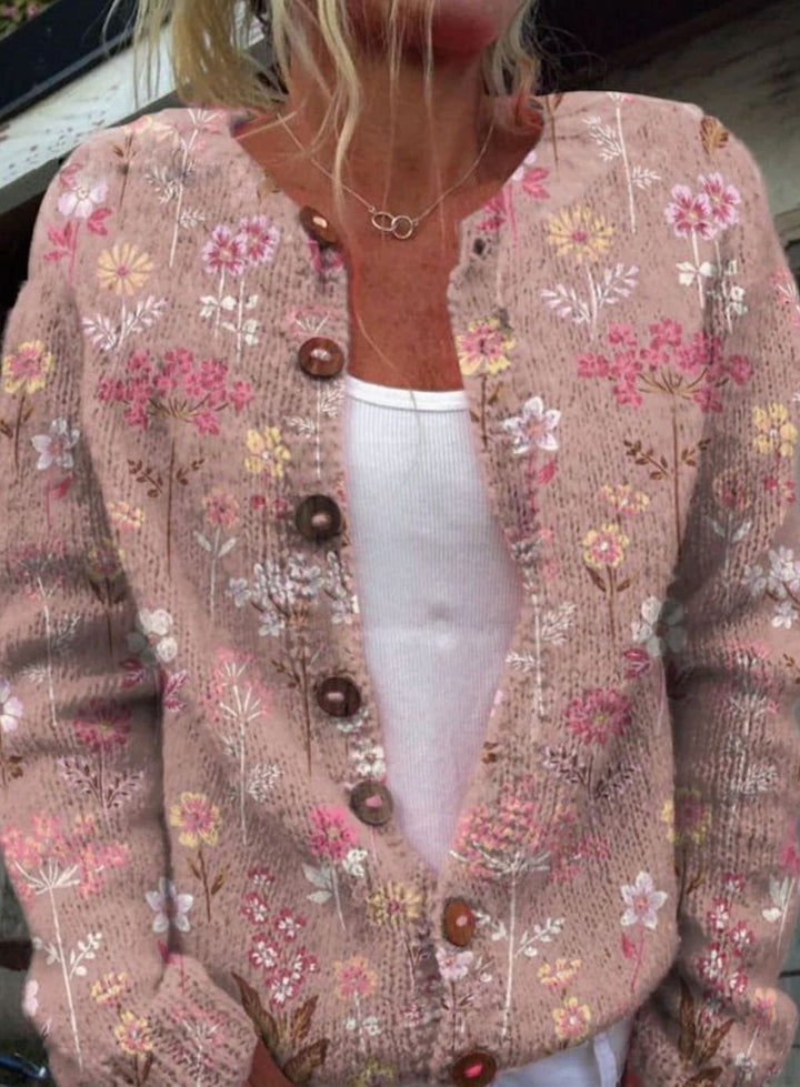 Cárdigan de mujer con botones, manga larga y estampado floral. Ropa casual y elegante, disponible en tallas grandes.