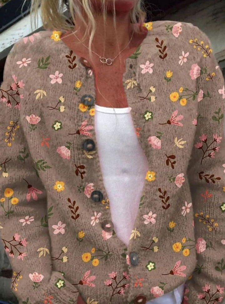 Cárdigan de mujer floral de manga larga y botones, con delicado estampado botánico. Chaqueta ligera para primavera.