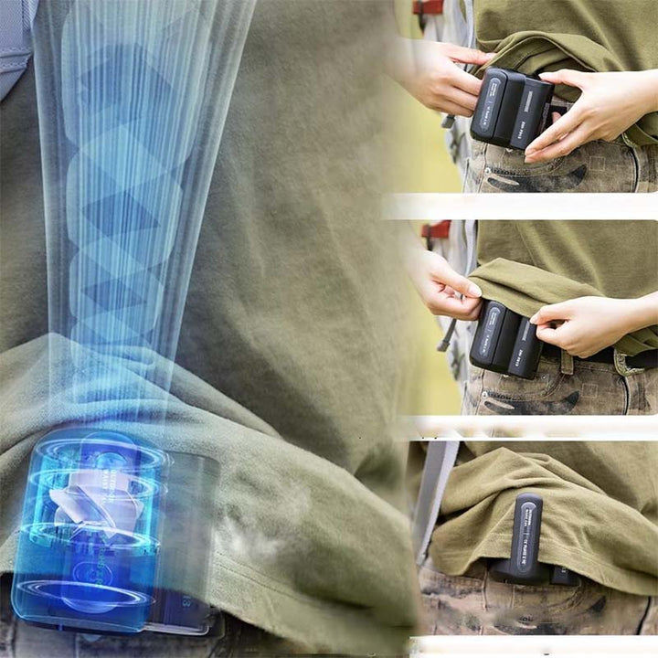 Ventilador de mano/cintura recargable, mini, ideal para caminatas, camping o playa en verano.