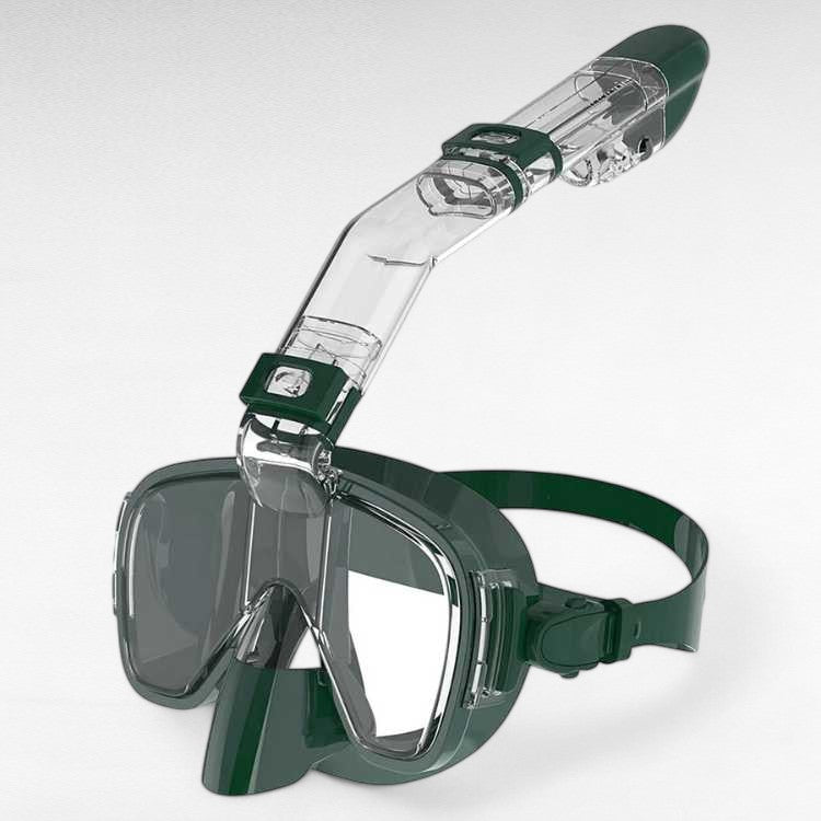 Máscara de snorkel de cara completa, ajustable y plegable, ofrece visión 180° y respiración sencilla.
