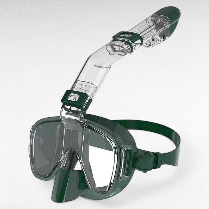 Máscara de snorkel de cara completa, ajustable y plegable, ofrece visión 180° y respiración sencilla.