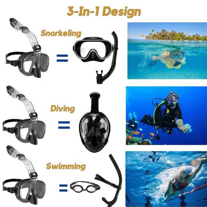 Equipamiento de snorkel unisex con visión total. Máscara plegable para deportes acuáticos y aventura.