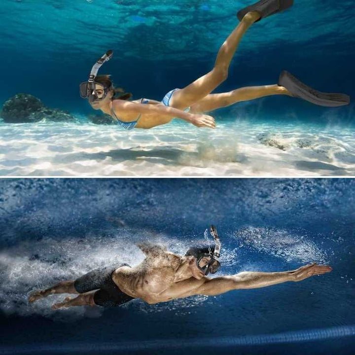 Máscara de buceo ergonómica con snorkel plegable, lente panorámica y tecnología antivaho. Ideal para nadar.