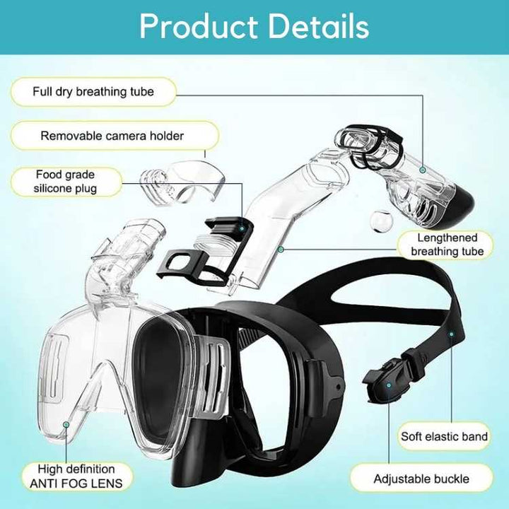 Máscara de snorkel de cara completa, plegable y con visión panorámica para una experiencia de buceo superior.