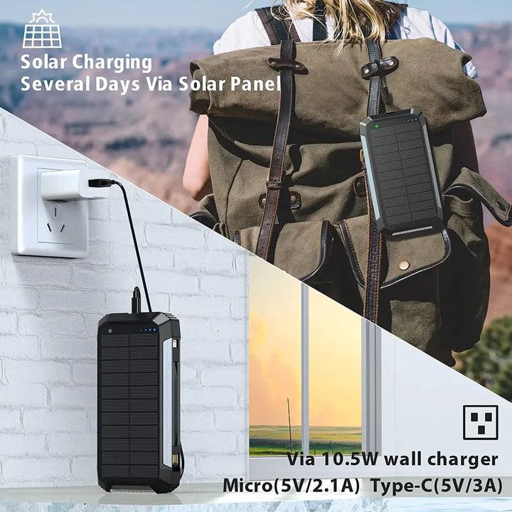 Cargador solar USB portátil 30000mAh. Impermeable para aventuras al aire libre.