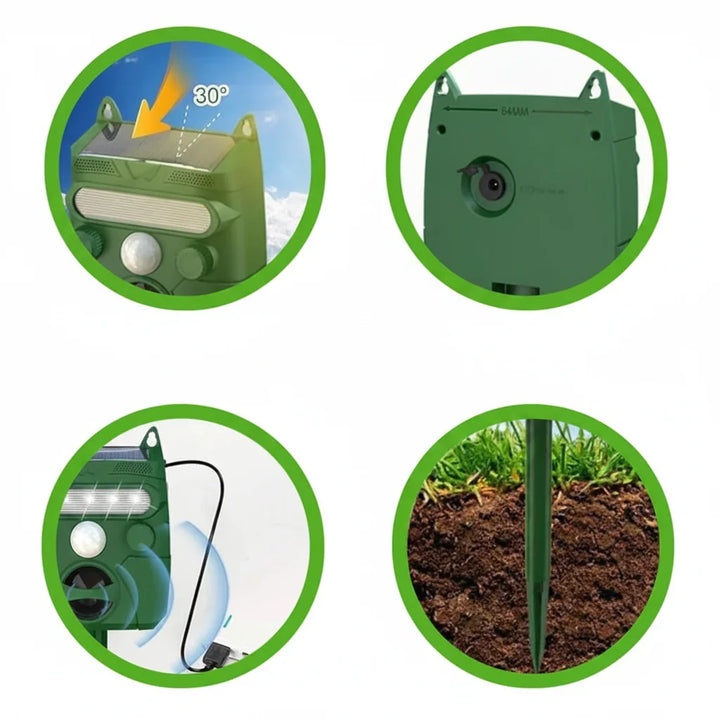 Detalle de ahuyentador solar robusto para zorros y coyotes. Unidad antidepredadores IP45 para seguridad en jardines.