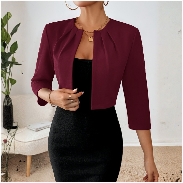 Estiloso blazer cropped abierto de moda para mujer.