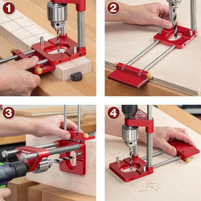 Guía de taladro portátil y ajustable para carpintería, ideal para proyectos de bricolaje en madera.
