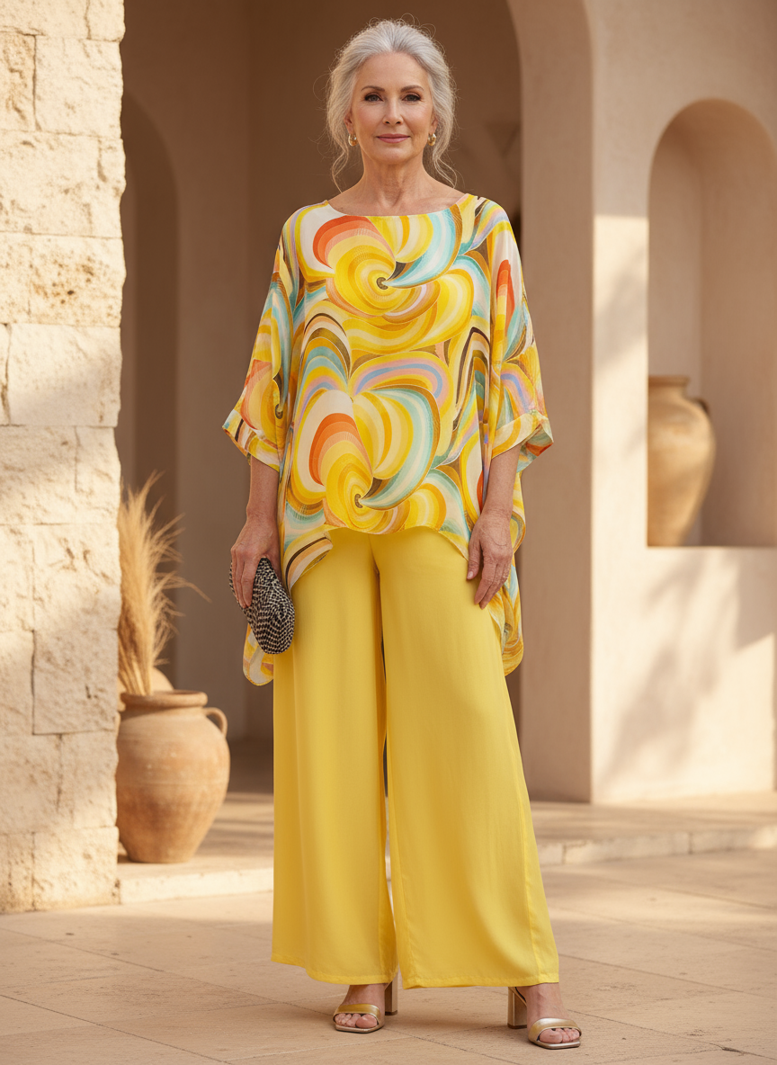 Conjunto fluido de mujer con estampado artístico, blusa y pantalón ancho, ideal para verano.