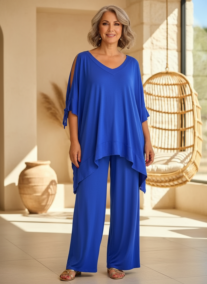 Conjunto casual chic de mujer: blusa y pantalón ancho holgado. Ropa cómoda, estilo versátil para verano/primavera.