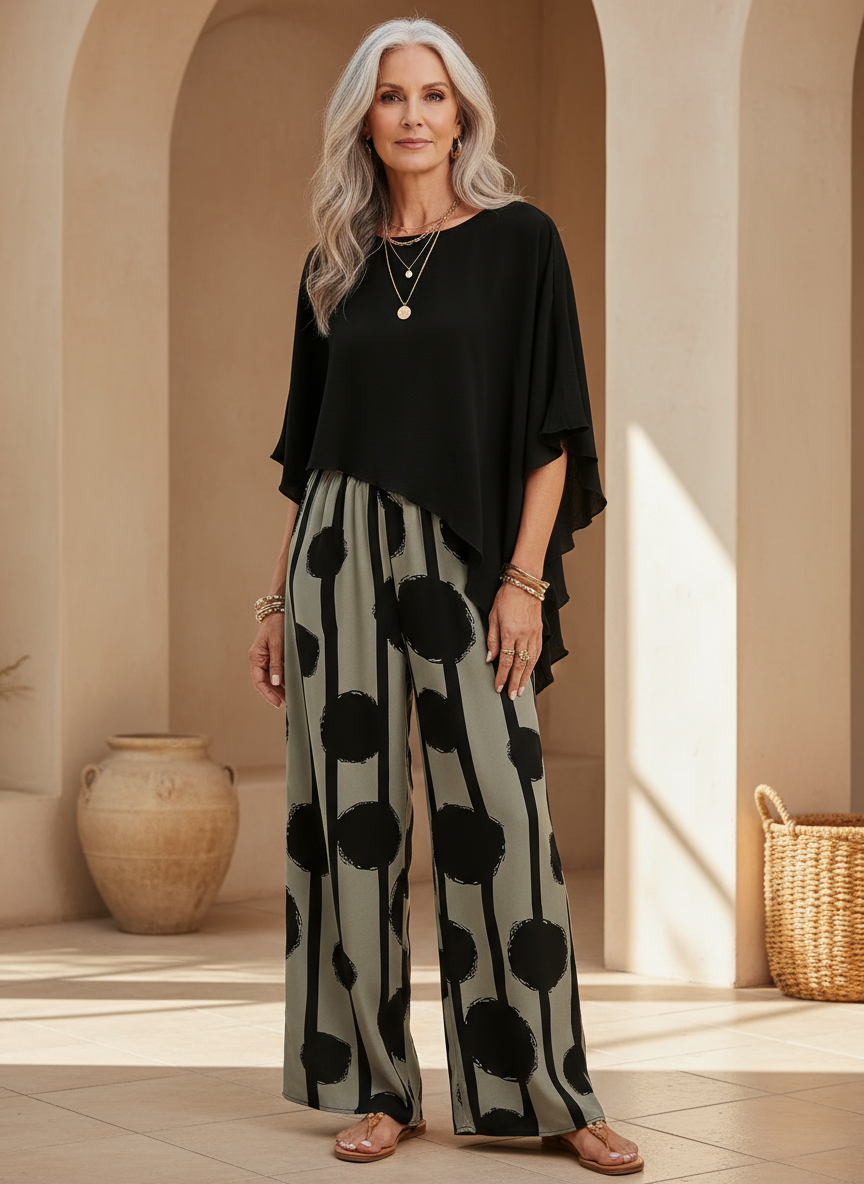 Conjunto casual de verano estilo boho para mujer, top asimétrico y pantalón ancho. Fresco y cómodo.