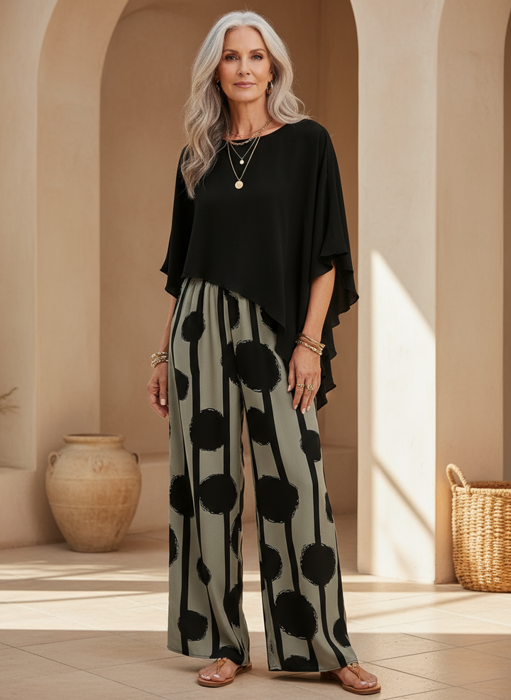 Conjunto casual de verano estilo boho para mujer, top asimétrico y pantalón ancho. Fresco y cómodo.