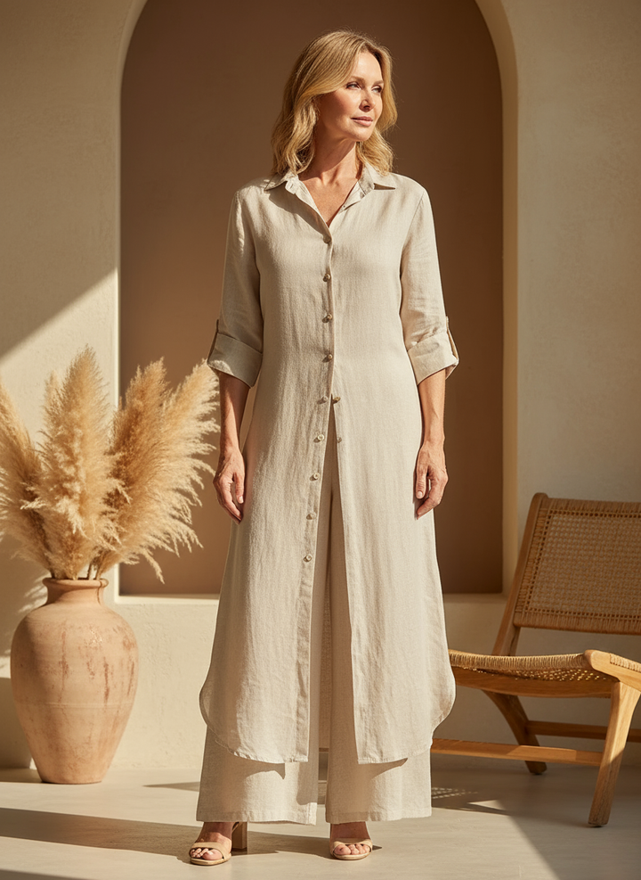 Conjunto de vestido y pantalón elegante Viena para mujer. Ropa formal de dos piezas con estilo versátil.