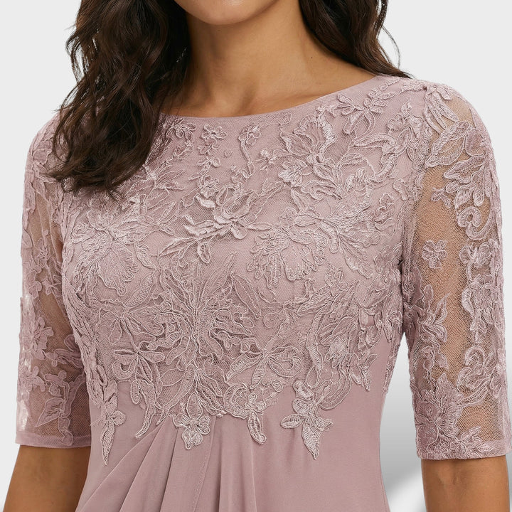 Vestido midi de mujer con diseño de encaje y falda de gasa, perfecto para fiestas elegantes.