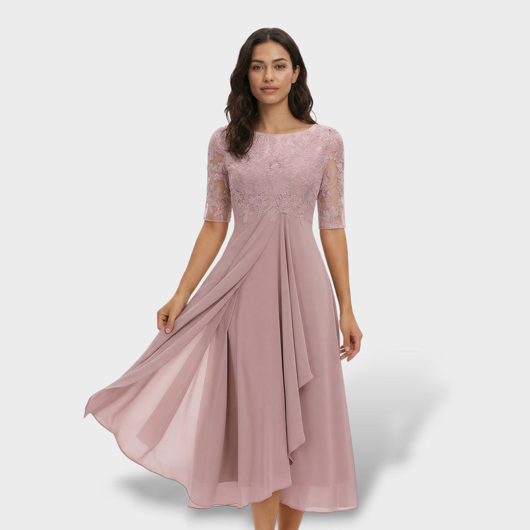 Vestido midi elegante de encaje y gasa para mujer, ideal para fiesta o invitada de boda.