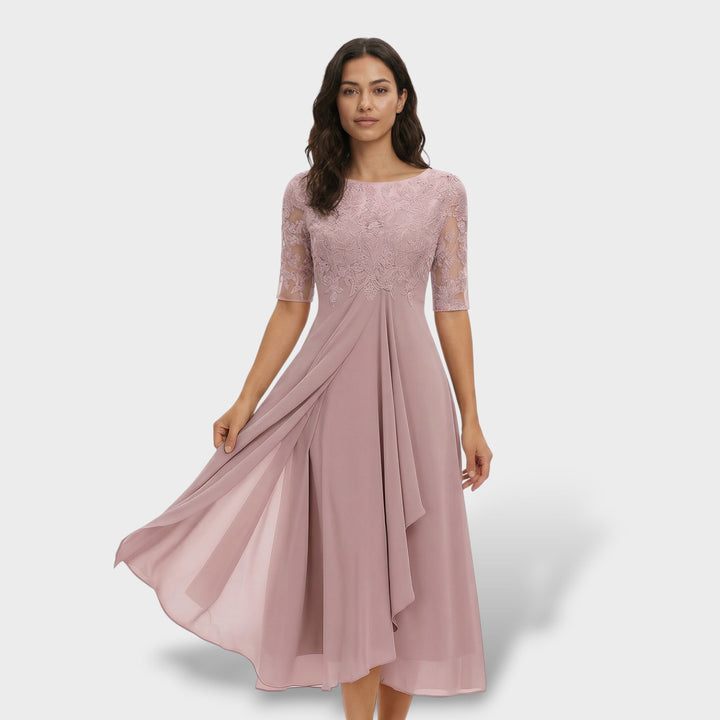Vestido midi elegante de encaje y gasa para mujer, ideal para fiesta o invitada de boda.