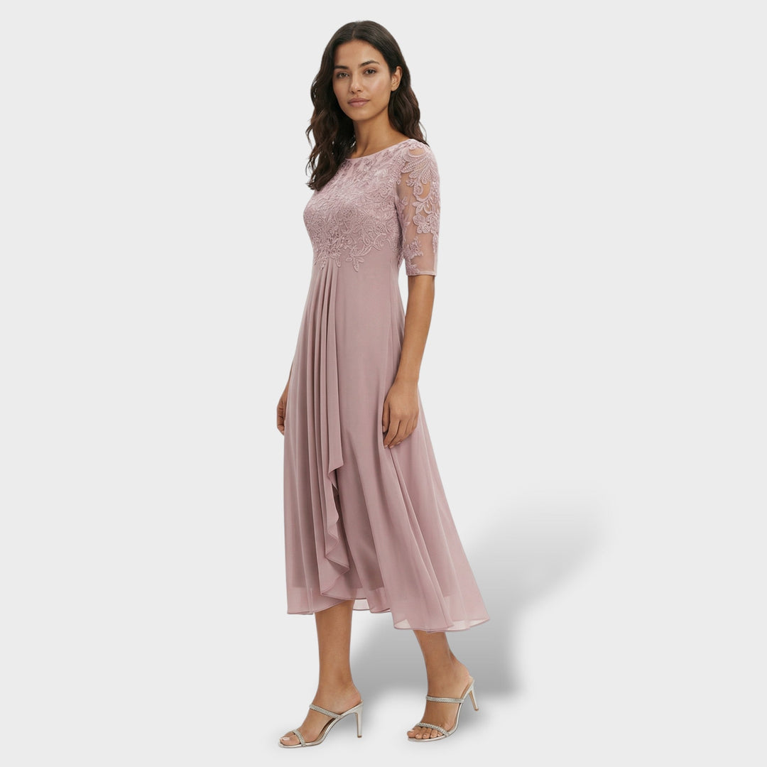 Vestido midi de encaje y gasa para verano, atuendo chic para invitadas a bodas y ceremonias.