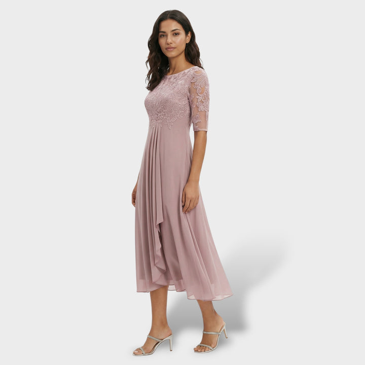 Vestido midi de encaje y gasa para verano, atuendo chic para invitadas a bodas y ceremonias.