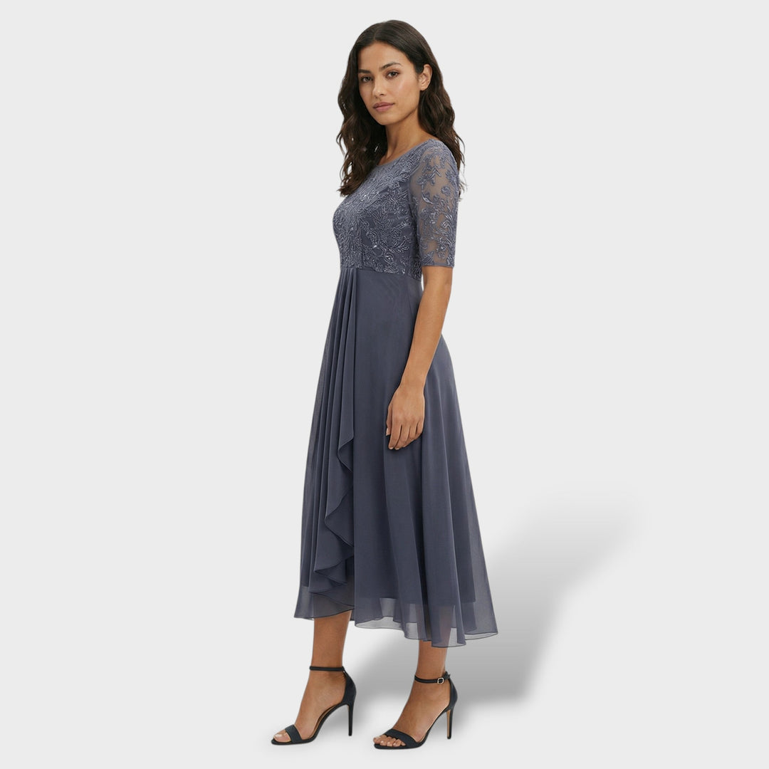 Vestido midi de encaje y gasa, versátil para bodas, fiestas de verano y ceremonias.