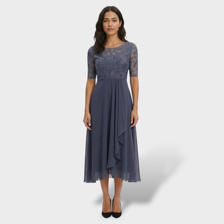 Vestido midi de encaje floral y falda de gasa elegante, para invitadas a bodas y fiestas.