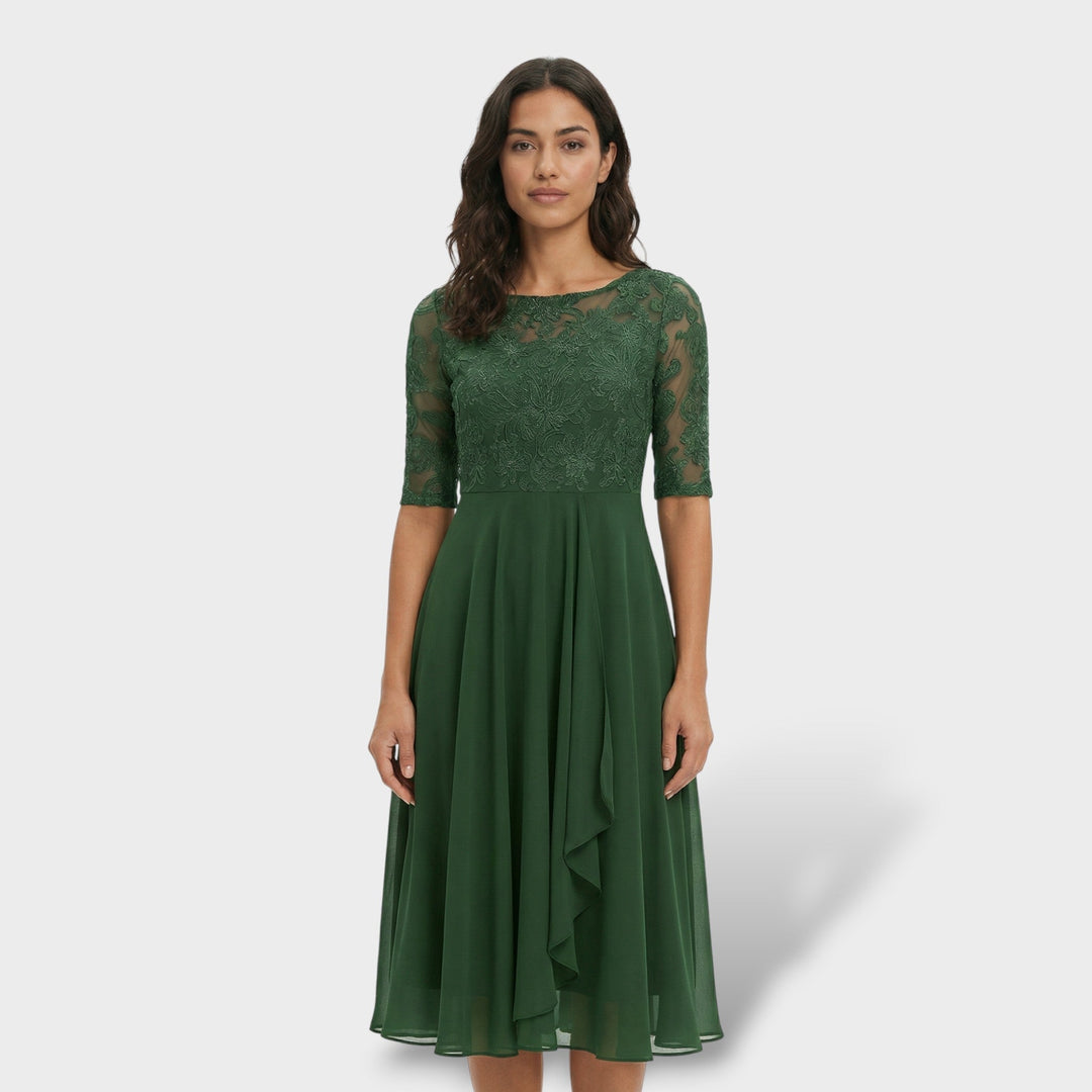 Vestido midi fluido de gasa y encaje para mujer, perfecto para ceremonias y eventos de verano.