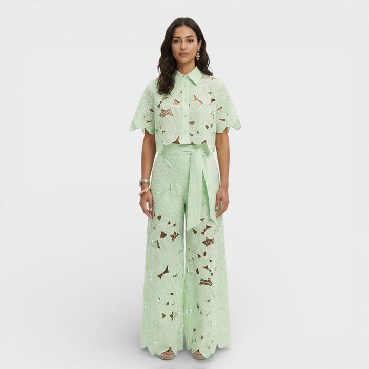 Conjunto de mujer, ropa de fiesta elegante para eventos especiales, camisa y pantalón de diseño moderno.
