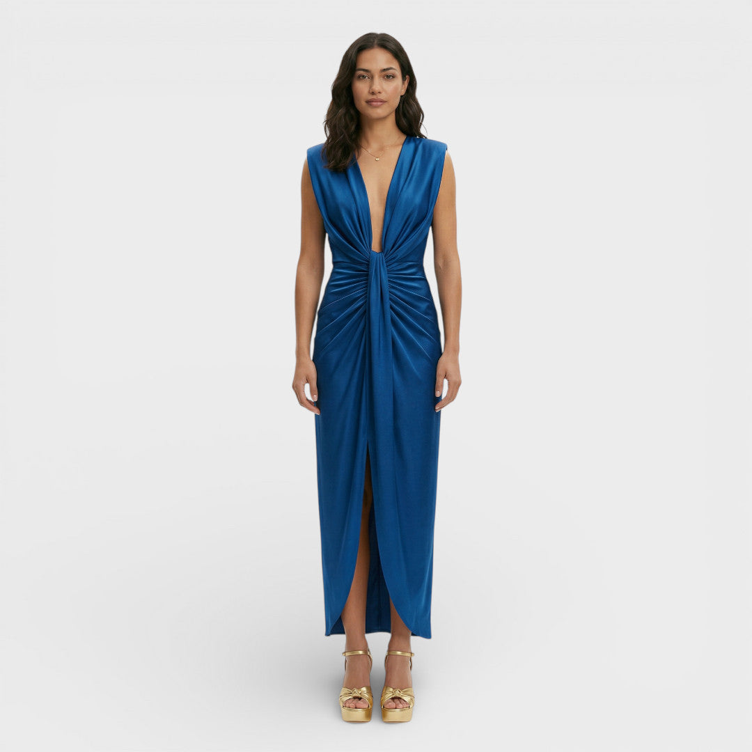 Elegante vestido midi azul de mujer con escote en pico, perfecto para fiestas, bodas y eventos formales.