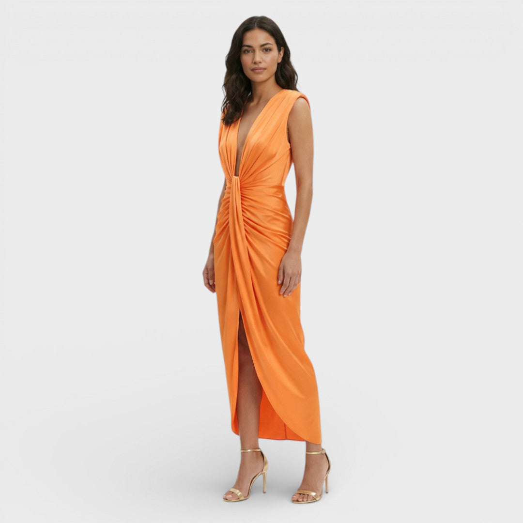 Vestido midi morado para mujer con escote en pico, estilo chic para fiestas de verano y eventos especiales.