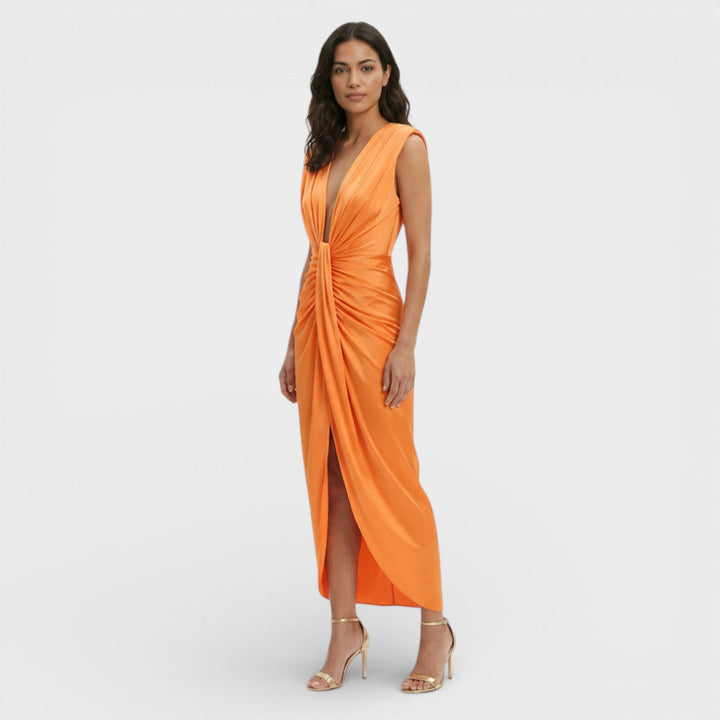 Vestido midi morado para mujer con escote en pico, estilo chic para fiestas de verano y eventos especiales.