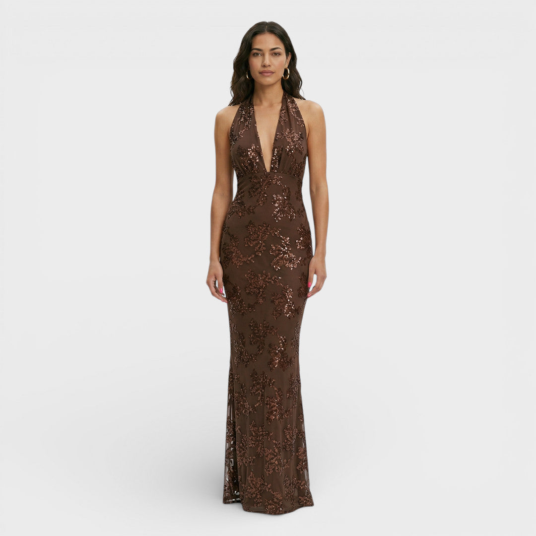 Vestido largo de fiesta halter con encaje para mujer, ideal invitada boda o graduación.