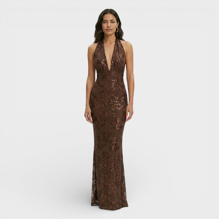 Vestido largo de fiesta halter con encaje para mujer, ideal invitada boda o graduación.