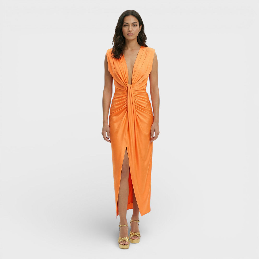 Vestido midi de fiesta para mujer con escote en pico, ideal para invitadas de boda, graduación o eventos de verano.