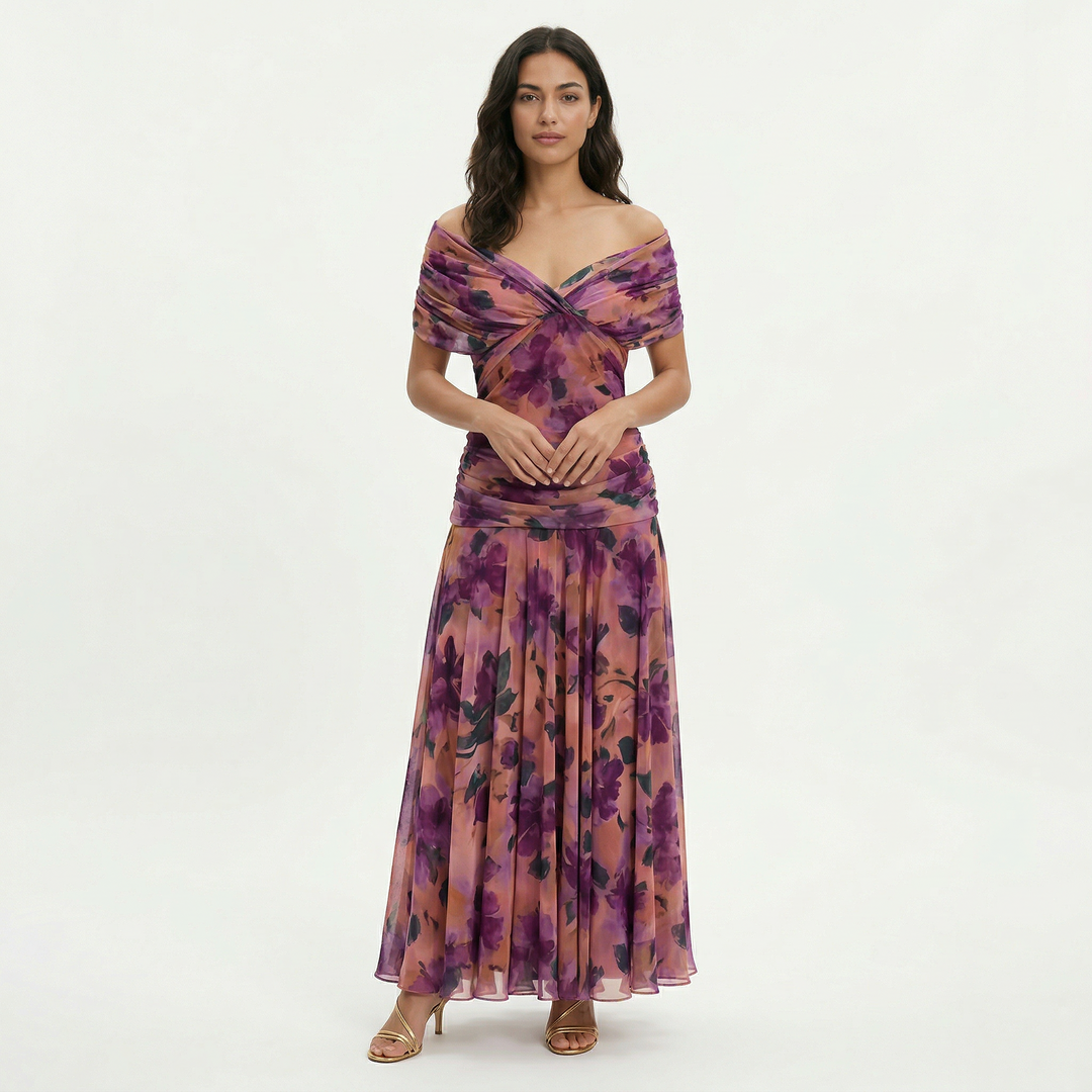 Vestido mujer largo floral, diseño plisado, elegante y versátil para celebraciones de verano, bodas o fiestas.