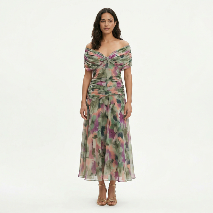 Vestido de fiesta largo plisado con patrón floral para mujer, look elegante para boda, graduación o evento.