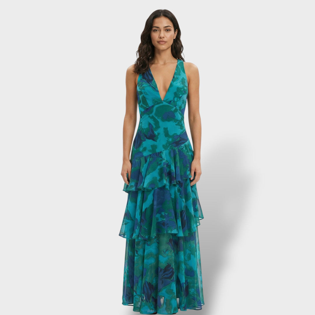 Vestido largo de fiesta elegante para mujer con escote en V profundo, ideal para noche o celebración formal.