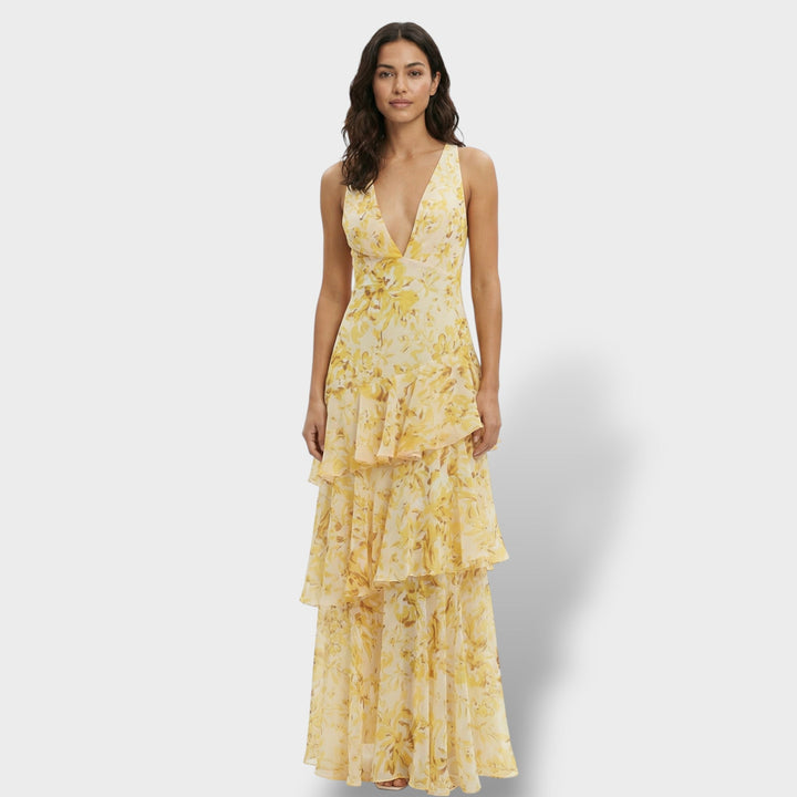 Vestido largo y elegante de mujer con escote en V, silueta fluida, para noche, fiesta y ocasiones de moda.