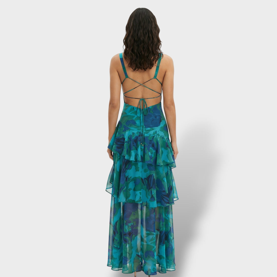 Moderno vestido largo de mujer con escote en V, elegante, para fiesta, noche, celebración formal y moda de verano.