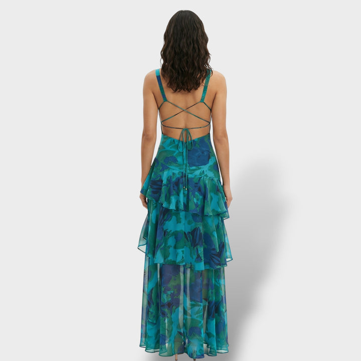 Moderno vestido largo de mujer con escote en V, elegante, para fiesta, noche, celebración formal y moda de verano.
