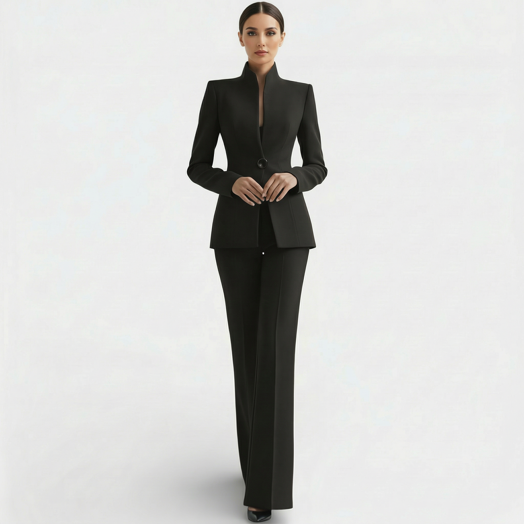 Elegante conjunto de chaqueta y pantalón para mujer, estilo formal.
